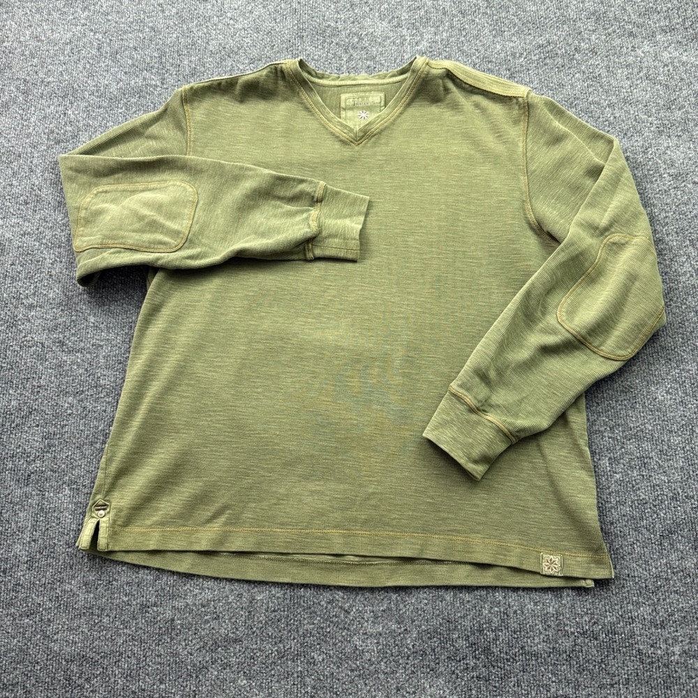 Thaddeus Pullover Men L Olive Green Slub Knit V-Neck Elbow Patches Gorpcore
